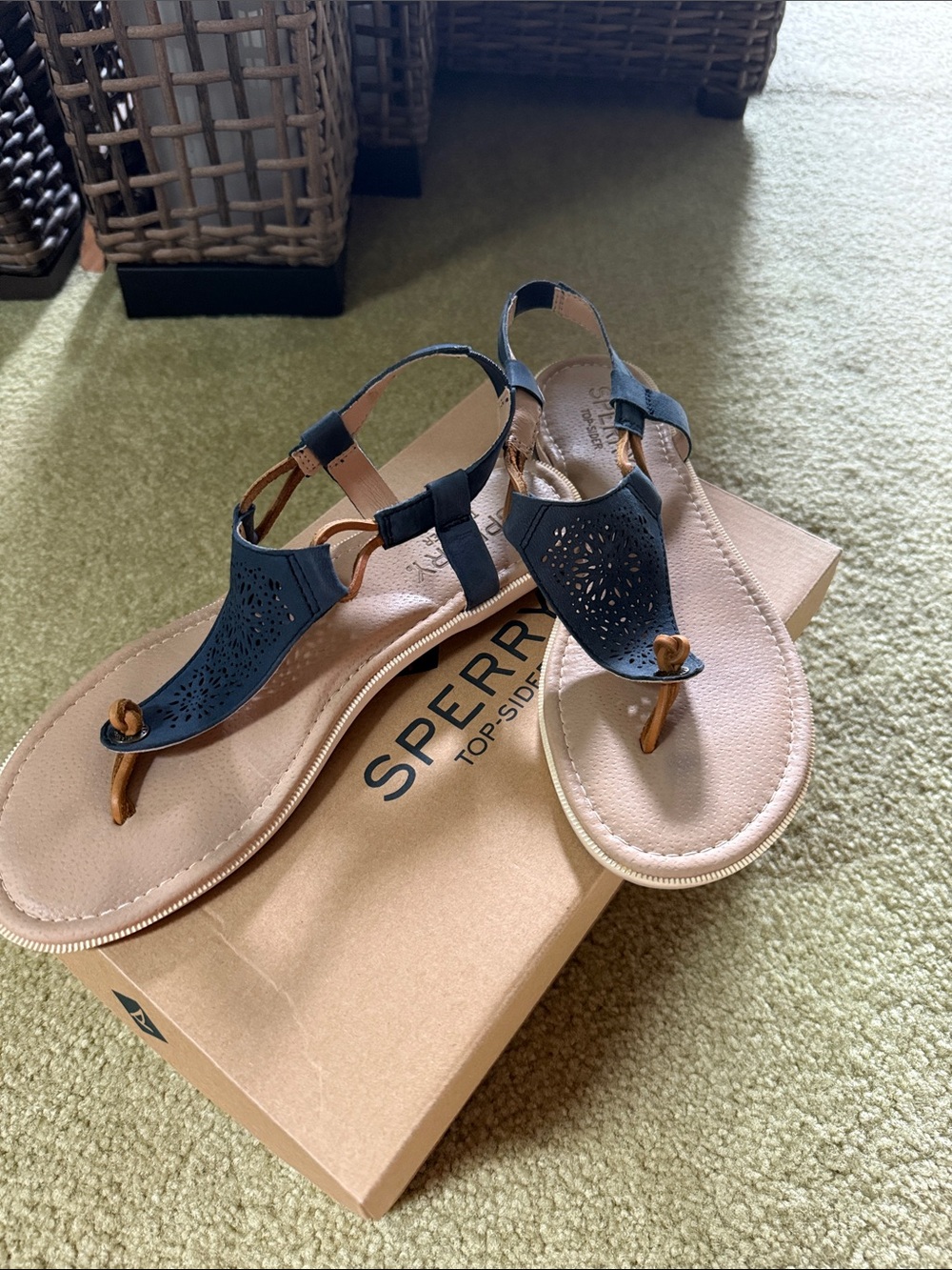Sperry Navy Laser-Cut T-Strap Sandals